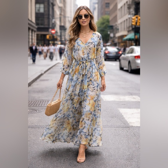 Enfocus Studio Dresses & Skirts - ENFOCUS Women’s Navy Yellow Floral Long Sleeve Chiffon V-neck Maxi Dress 14W